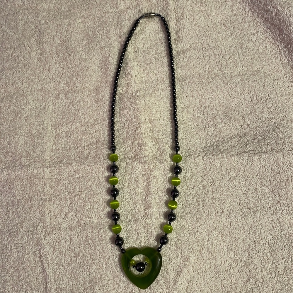 Hand beaded green heart stone necklace